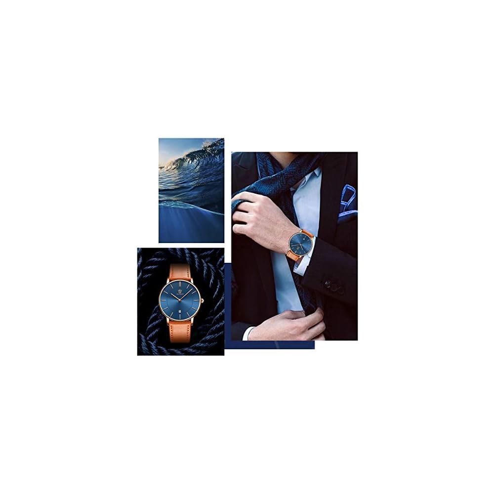 Minimalist Men's Analog Watch with Date, Leather Strap, Orange Blue Gold