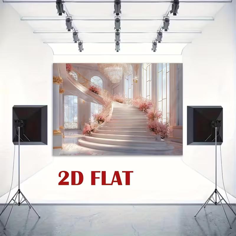 2D Fairytale Pink Staircase Backdrop 2D Flat Print Grand Palace Hall Background for Wedding Events
