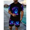 Men'S 3D Digital Print Round Neck Short Sleeve Set, a Two-Piece Outfit for Trendy Guys with a Wolf Theme