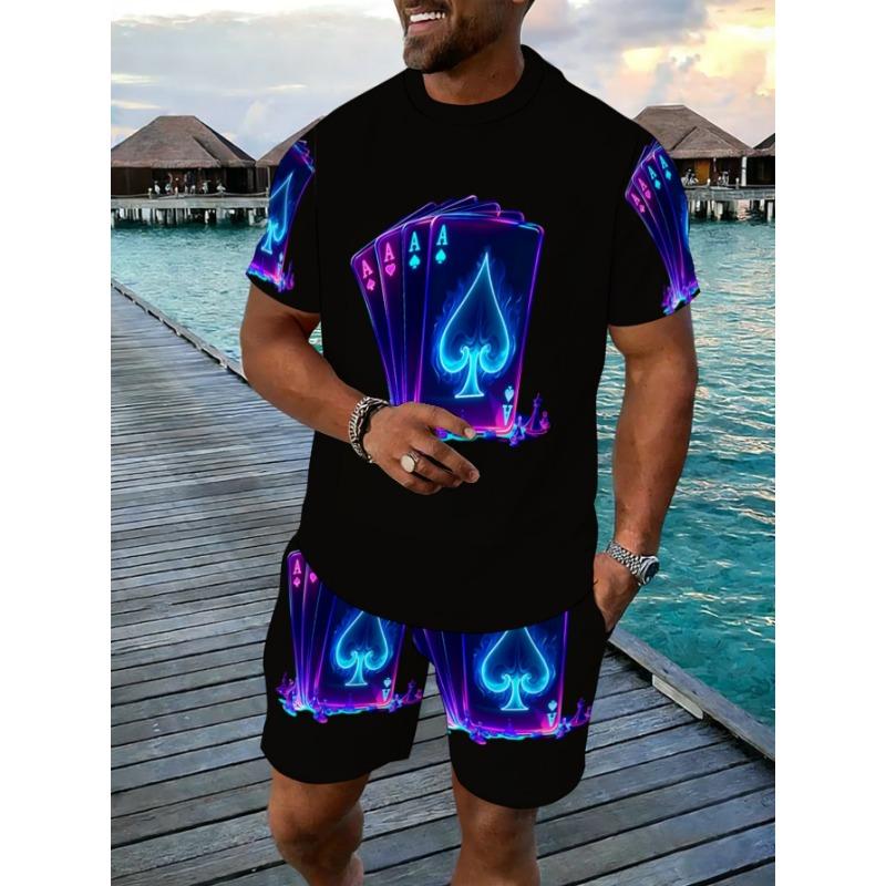 Men'S 3D Digital Print Round Neck Short Sleeve Set, a Two-Piece Outfit for Trendy Guys with a Wolf Theme