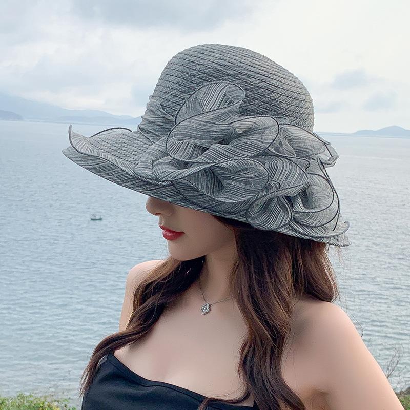 Summer New Women's Organza Flower Big Edge Beach Hat Outdoor Shading Sun Protection Travel Mesh Fisherman Hat