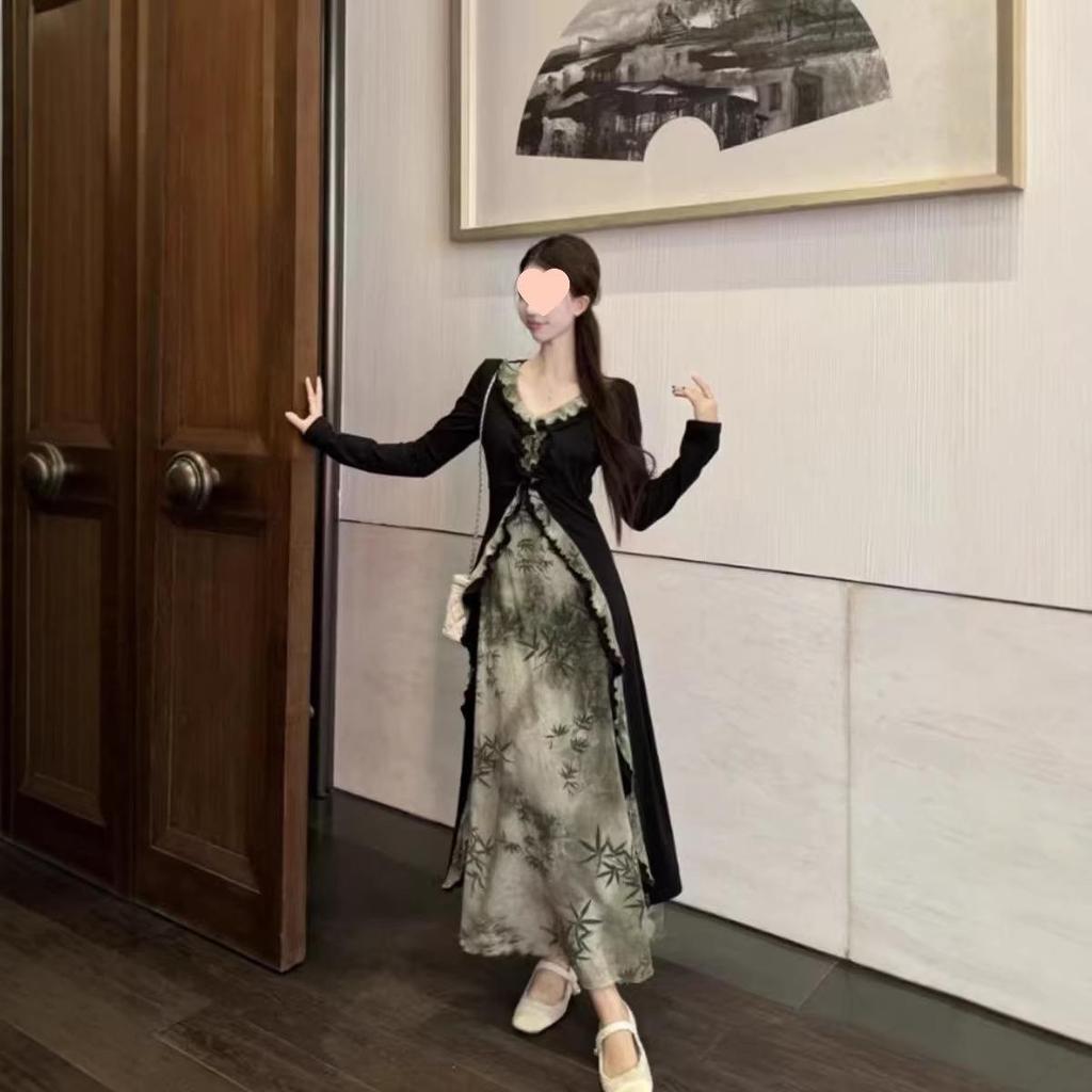 Rochie A-line pentru femei plus-size, toamnă, formă de pară - Stil național chinezesc, Design subțietor din două piese