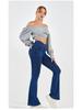Women's High-Waist Elastic Denim Flared Wide-Leg Pants with Slim Fit and Pocket.