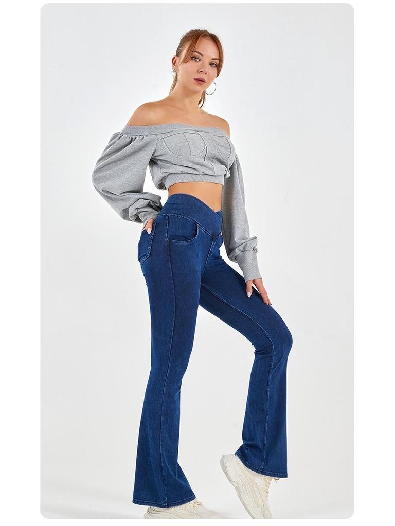 Women's High-Waist Elastic Denim Flared Wide-Leg Pants with Slim Fit and Pocket.