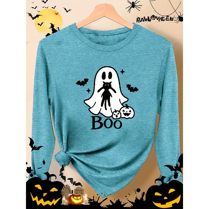 Halloween print fashion retro-style women's spring, summer, autumn, and winter retro sporty top with round neck and long sleeves T Shirt