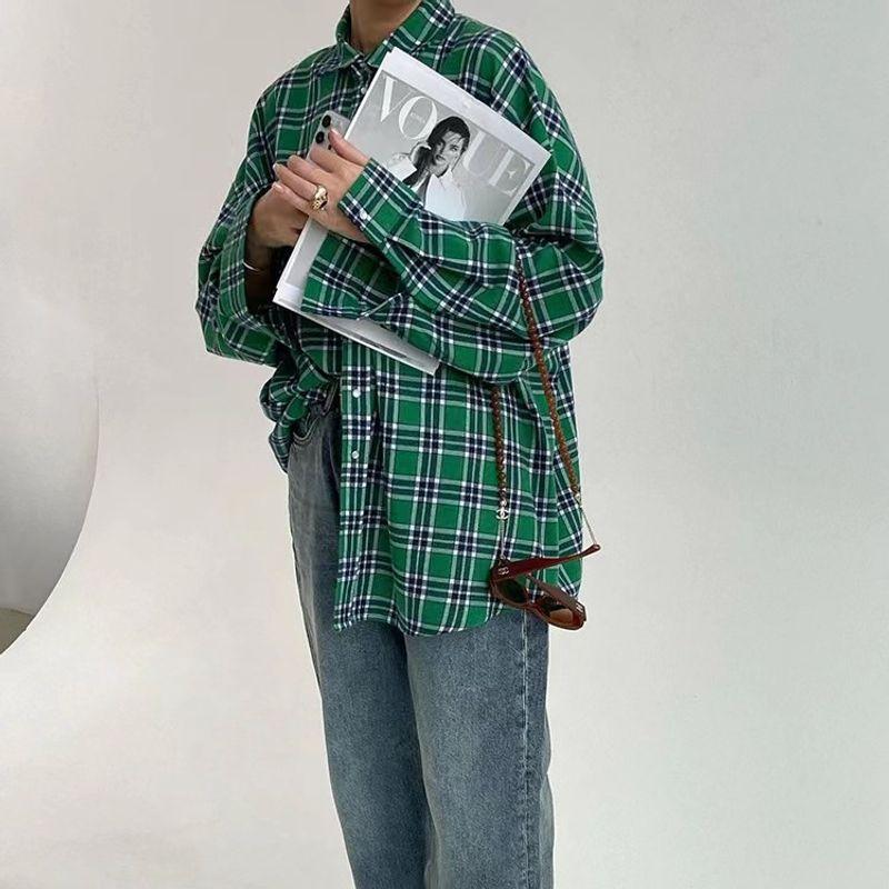 

European and American Leisure Plaid Lapel Loose Mid-Length Shirt Checkered Loose Fitting Shirt Green M