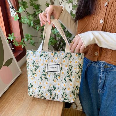 Sweet Embroidered Women's Bag 2023 New Daisy Flower Canvas Handbag Snack Storage Bento Bag Hand Carry Mommy Bag