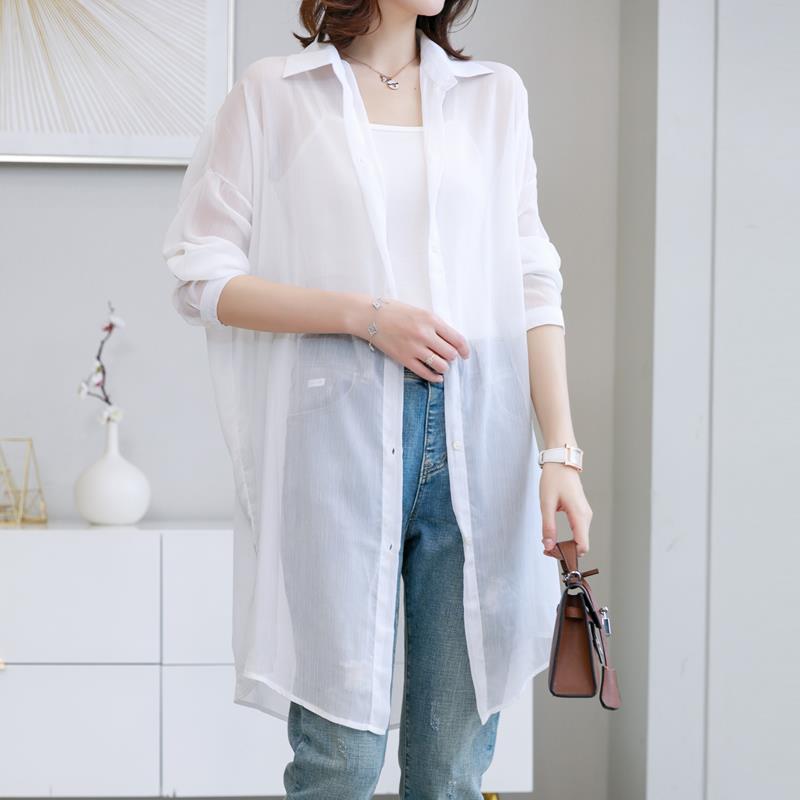 

Солнцезащитная одежда для женщин. Летний тонкий шифоновый кардиган с длинными рукавами, накинутый поверх шали. Куртка средней длины с воротником-рубашкой. 3XL белый