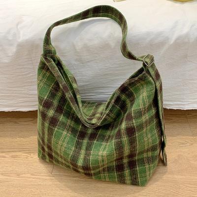 Sac messager à carreaux en laine Sac fourre-tout portable de loisirs pour femmes Sac à bandoulière polyvalent pour étudiants
