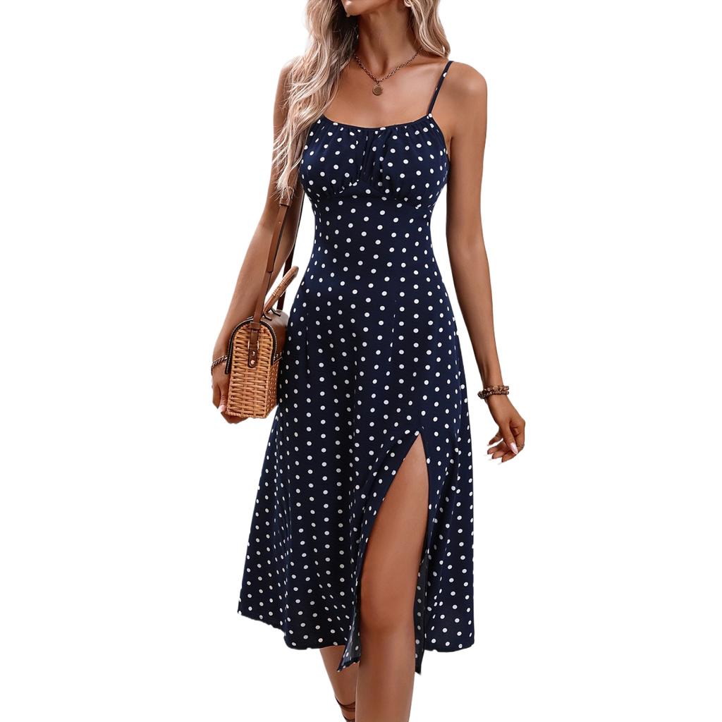 Summer Dresses for Women 2024 Casual Spaghetti Strap Sundresses Polka Dot Slim Fit Split Knee Length Boho Dress