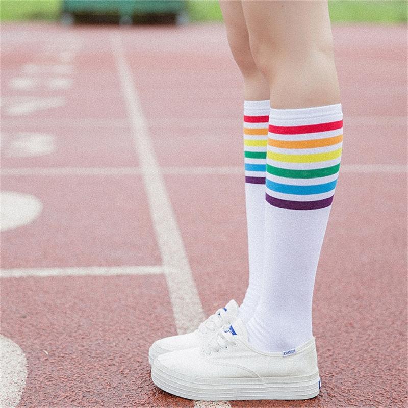 Women School JK Girls Cotton Over Calf Long Socks Japanese Style Rainbow Striped Student Uniform Casual Knee High Socks