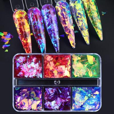 6-Gitter polarisiertes Glaspapier Farbe unregelmäßiges Fragment Nageldekoration Füllpigment DIY Nagelzubehör