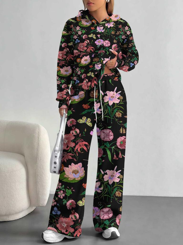 European And American Autumn And Winter Casual Long-Sleeved Suit Women'S Hooded Sweater Trousers Two-Piece Set Retro Elements