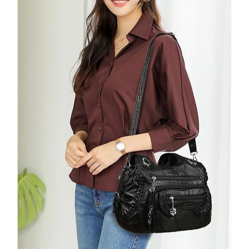 Women's Vintage Leather Shoulder Bag Multi-Zipper Pocket Crossbody Bag with Braided Detail Casual Handbag for  Use for Daily Life and Weekend Outings