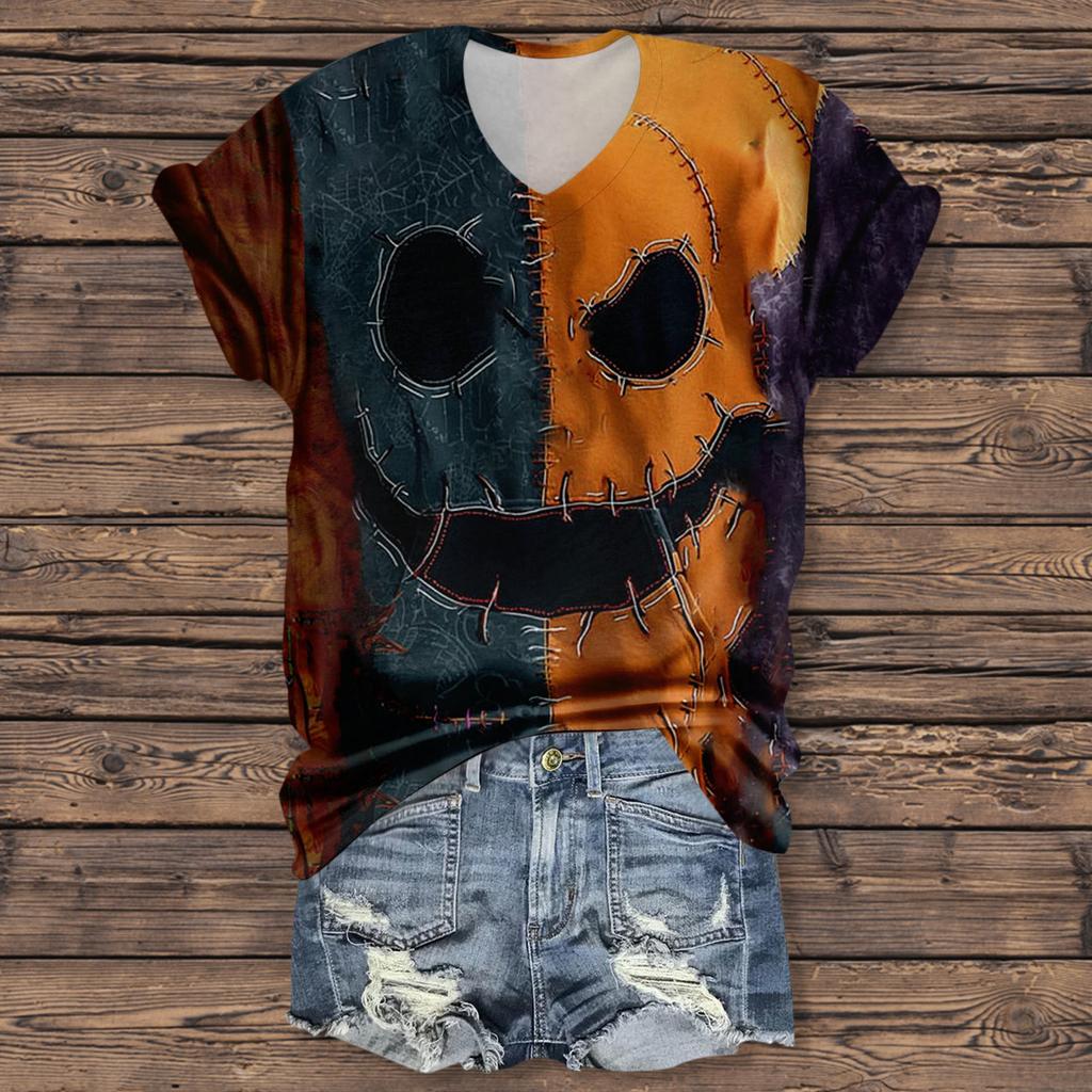 Women's Fashion Casual Three-quarter Sleeve Halloween Letters,  Face Print Top