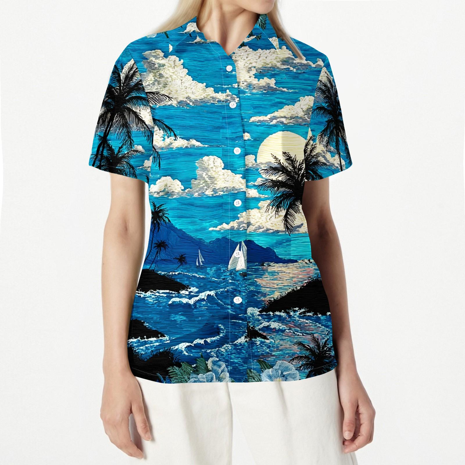 Women Casual Hawaiian Print Short Sleeve Button Down Shirt Relaxed Fit Collar Summer Blouse Beachwear Top S