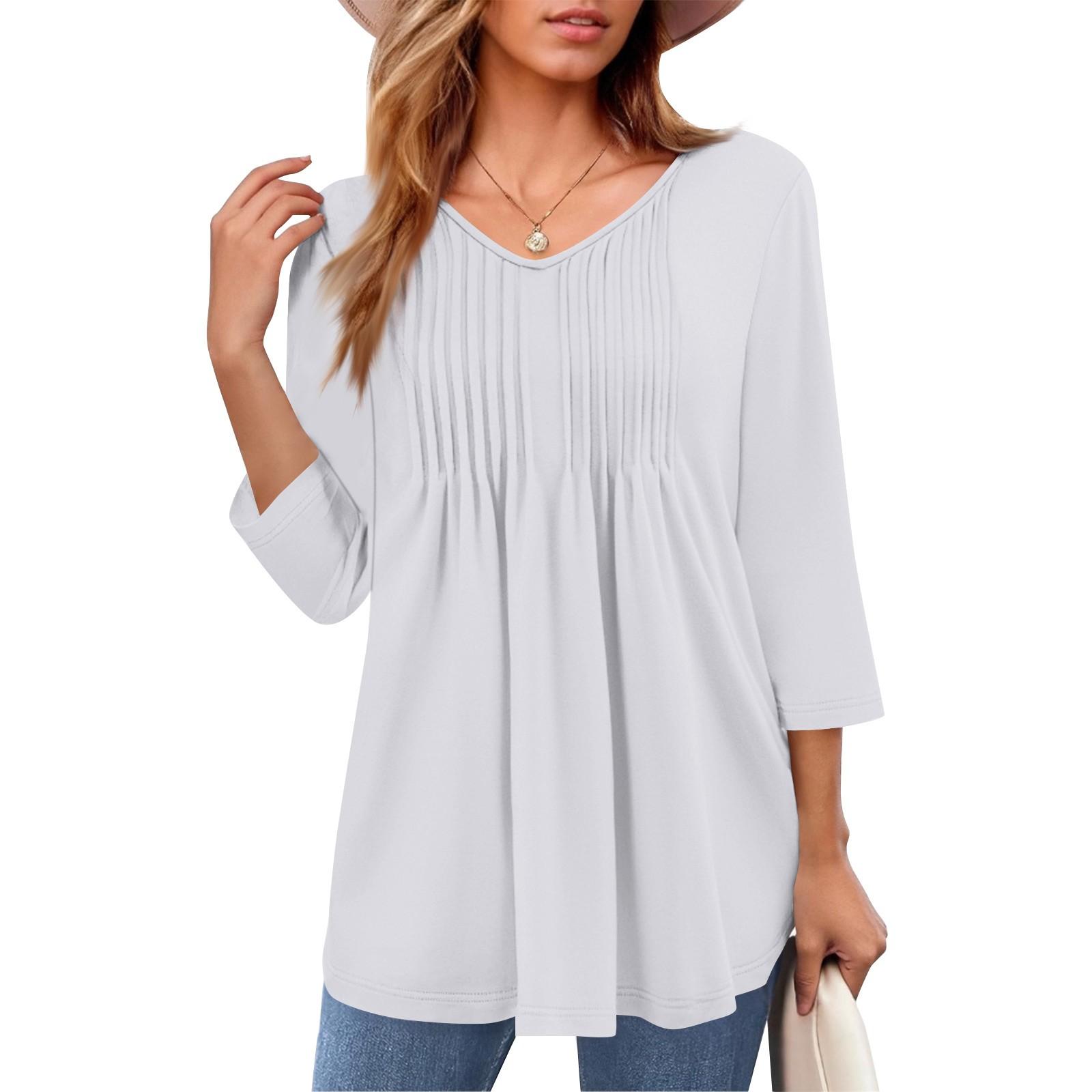 

Женские топы с V-образным вырезом и рукавом три четверти в полоску, плиссированные, повседневные, летние, модные, рубашки XL белый
