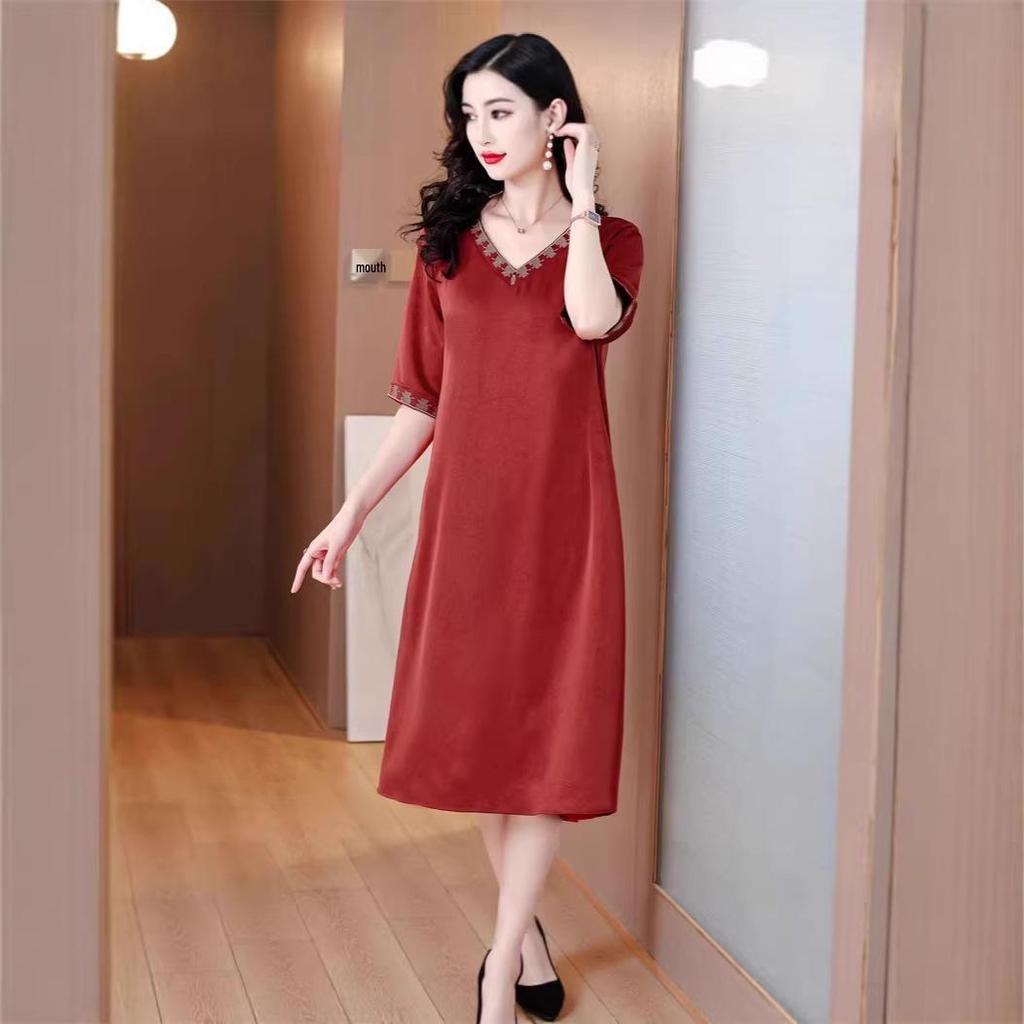Thirteen Rows Satin V-Neck Short Sleeve Dress for Middle-Aged Women