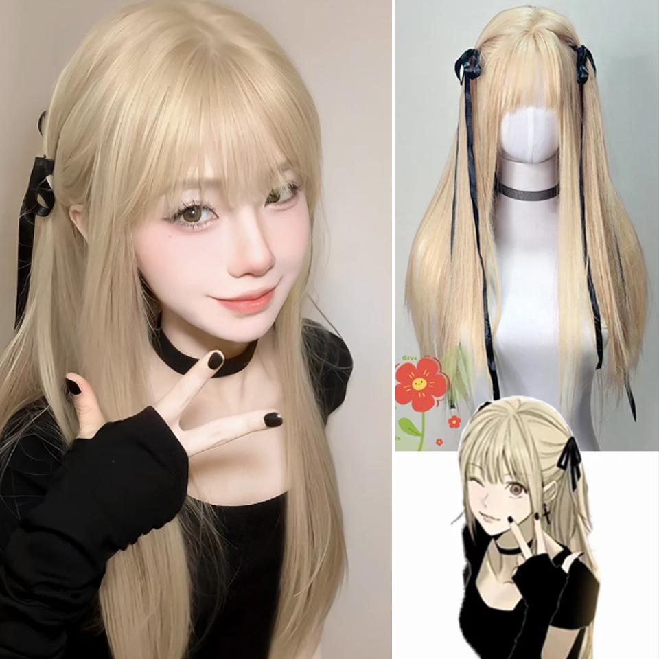 WTB Golden Long Straight Synthetic Wig Female Misa Amane Cos Straight Bangs Fluffy Smooth Long Straight Hair Wig