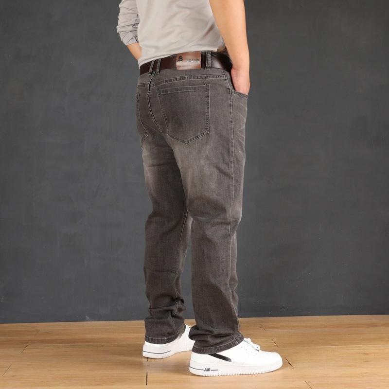 Podzimní džíny s vysokým pasem, vysoce strečové, volného střihu s rovnými nohavicemi pro muže, elastické kalhoty plus size