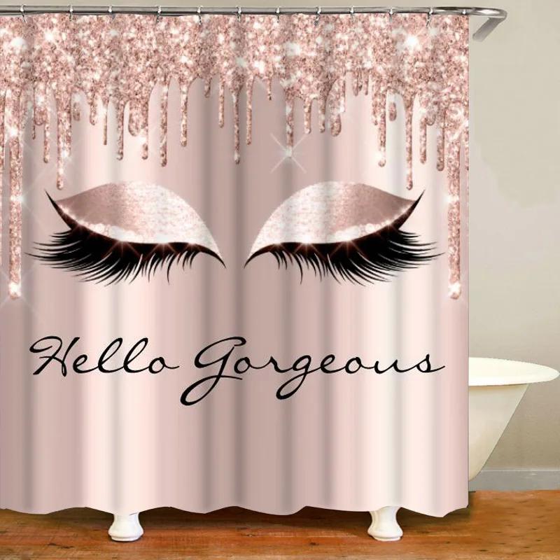 

Girly Rose Gold Eyelash Makeup Shower Curtains Bath Curtain Spark Rose Drip Bathroom Curtains Eye Lash Beauty Salon Home Decor W60H190(CM)-1 Pcs