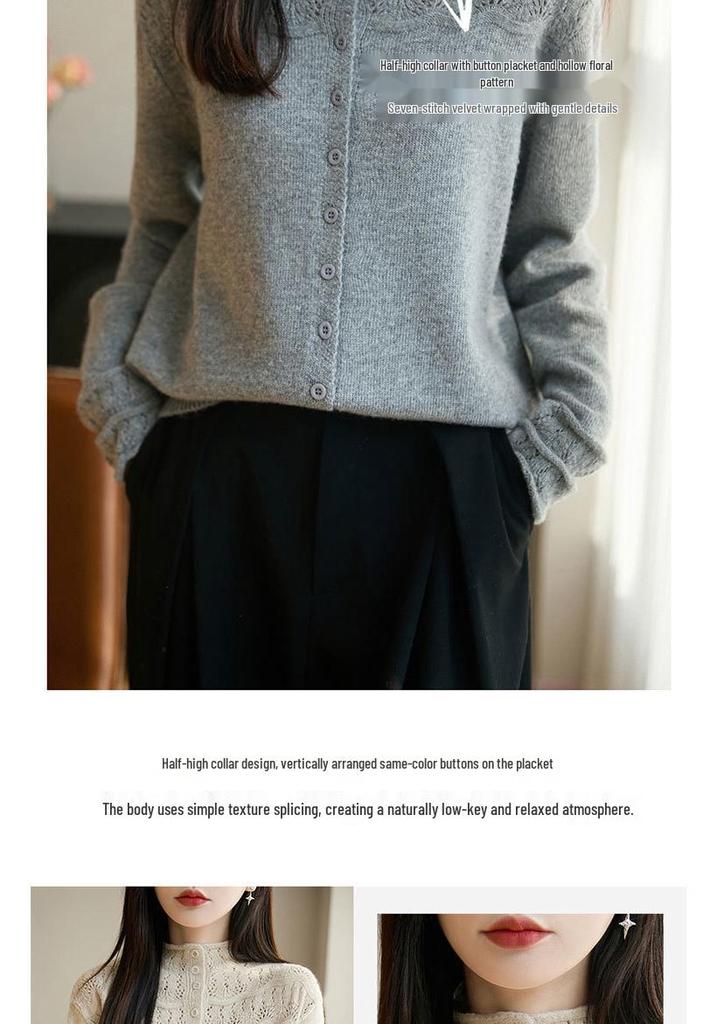 Pink Hollow Out Half-High Neck Cardigan Sweater - Women's Loose Fit Autumn/Winter Fashionable Outerwear