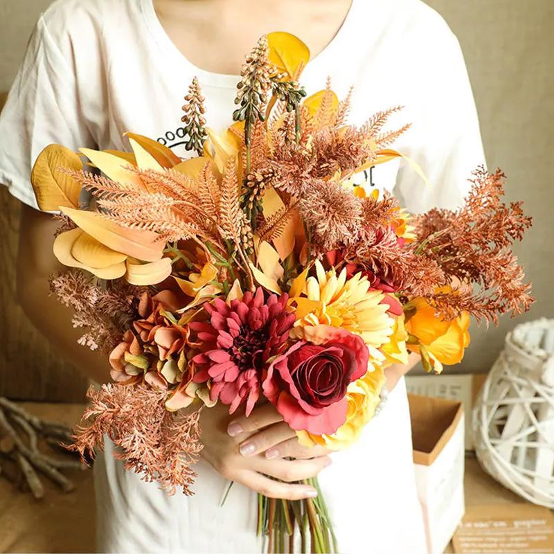 1 bunch Fake Flower INS Style Autumn Color Tabletop Decoration Artificial Flowers Wedding Party Flower Arrangement Silk Bouquet