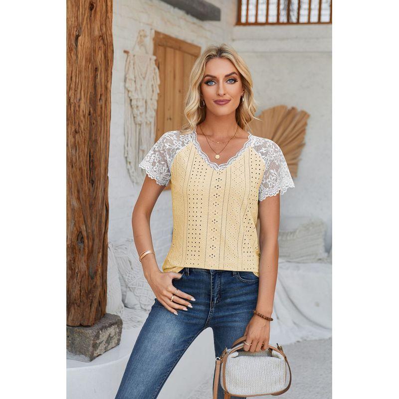 Lace Patchwork V-neck Breathable Top European and American Style Lace Patchwork V-neck Casual Tops