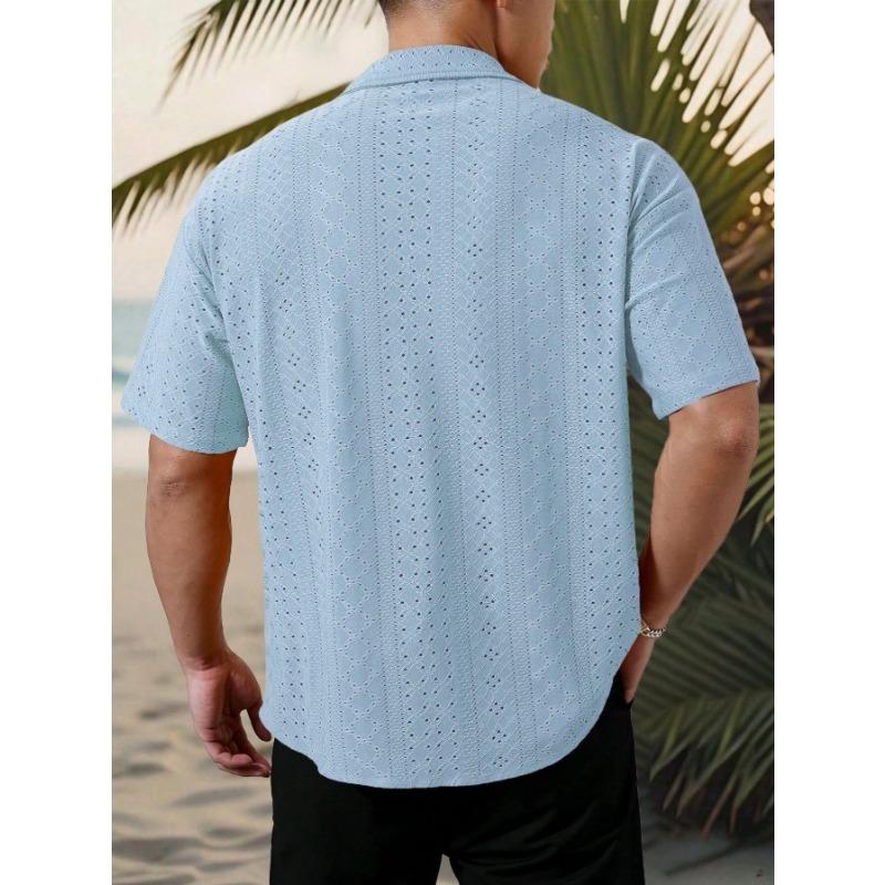 Spring Popular Men's Hollow Jacquard Short Sleeve Shirt Versatile Casual Breathable Comfortable Top