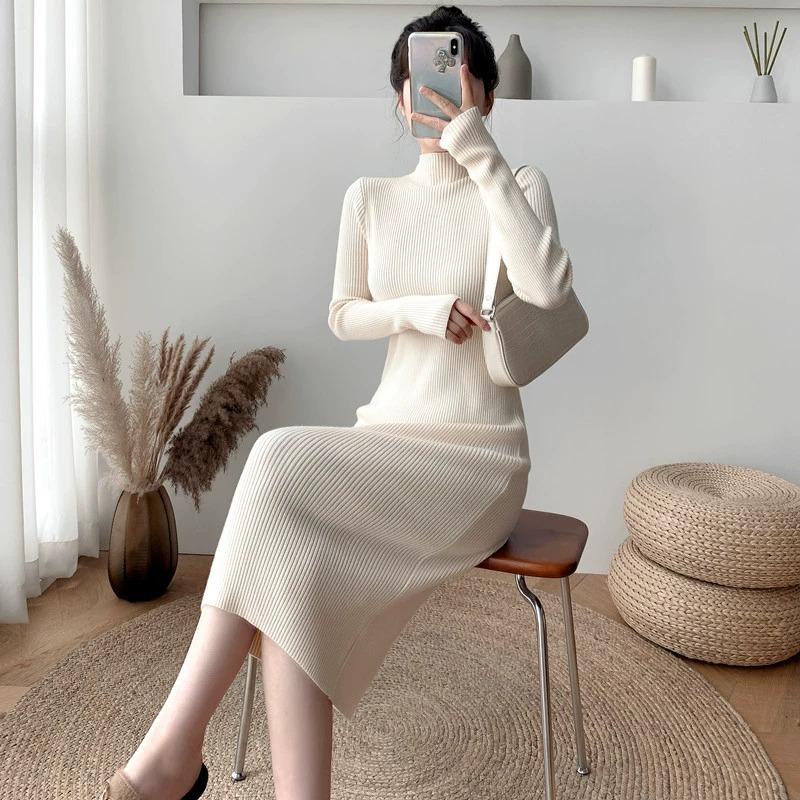 2024 Autumn/Winter Mid-Length Wool Coat with Semi-High Collar Knitted Dress - Women's Black Base Layer