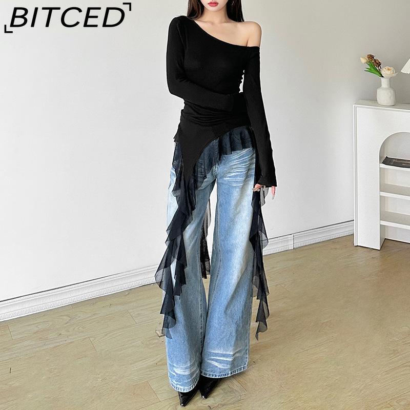 BITCED Autumn Women's Solid-Colour Slim-Fit Flattering Streetwear Fashion Off-Shoulder Long-Sleeved Top
