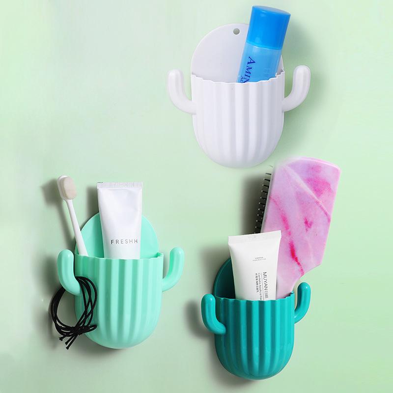 Toothbrush Holder Household Wall Self-adhesive Seamless Cactus Storage Rack Shaver Organizer Drain Shelf Bathroom Accessories