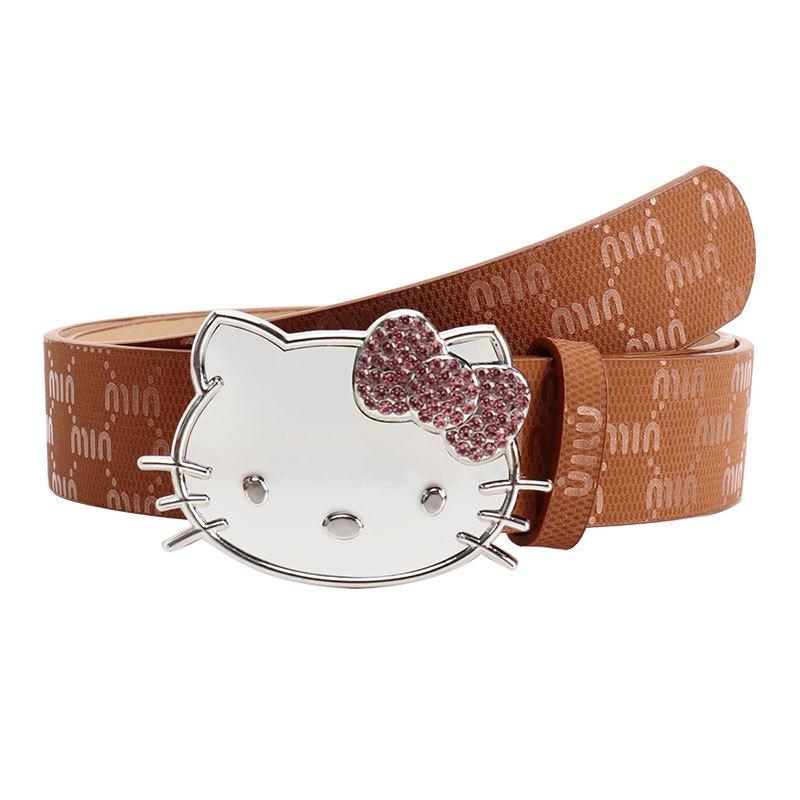 Metalowy Pasek Damski Hello Kitty z Nadrukiem Litery i Cyrkoniami do Codziennego i Eleganckiego Ubioru