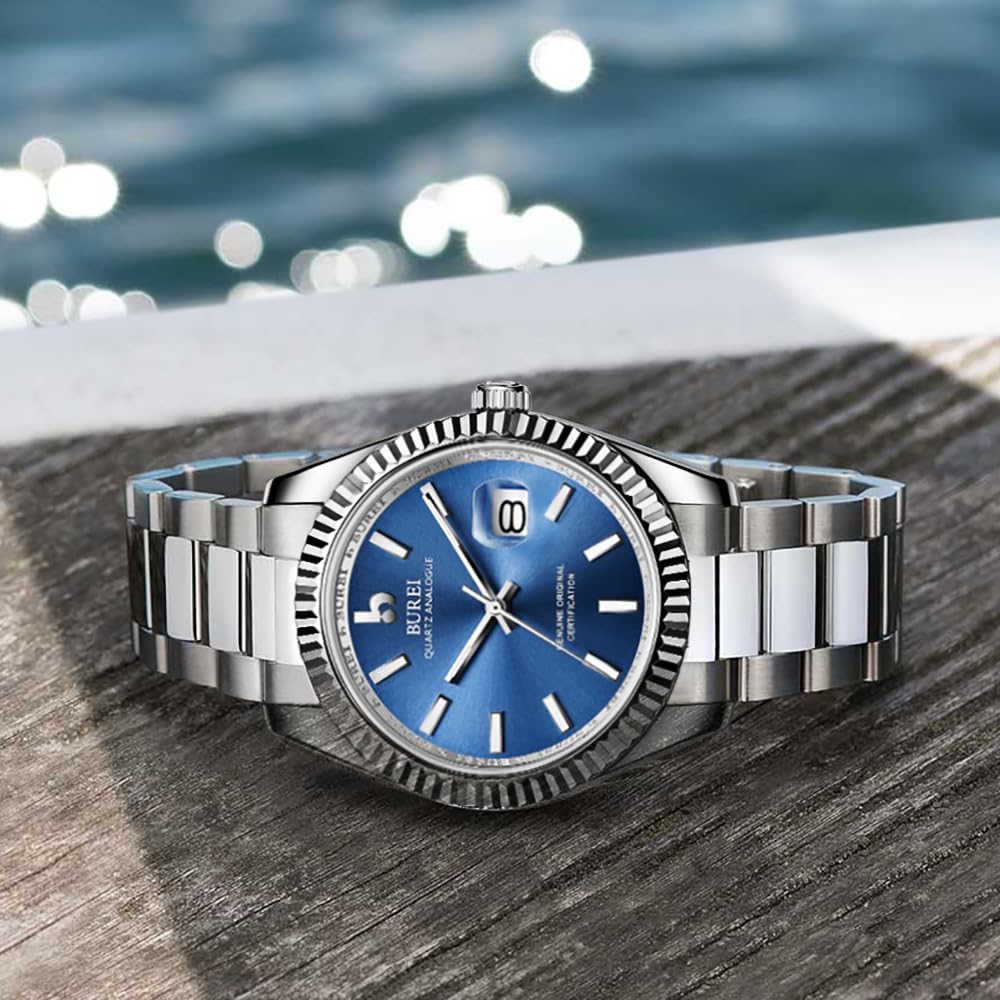 BUREI Men's Watch Waterproof Quartz Analog Simple Popular Business Fashion Silver Blue Luminous Watch Birthday Gift