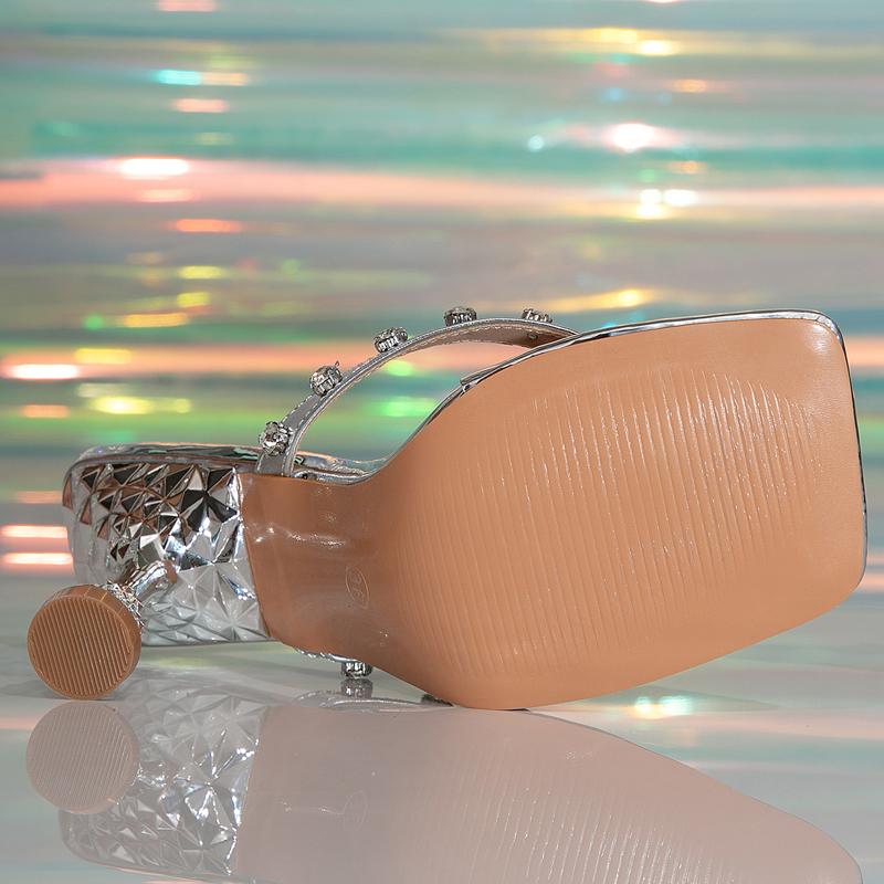 Fashion Eilyken Silver Shallow Square Clip Toe Women Slippers Designer Crystal High Heels Sandals Summer Flip Flops Slide Shoes
