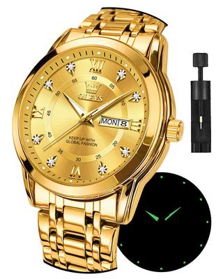 OLEVS Gold Business Popular Quartz Movement with Stainless Stylish Brand Men's Watch, Calendar, Waterproof, Steel,