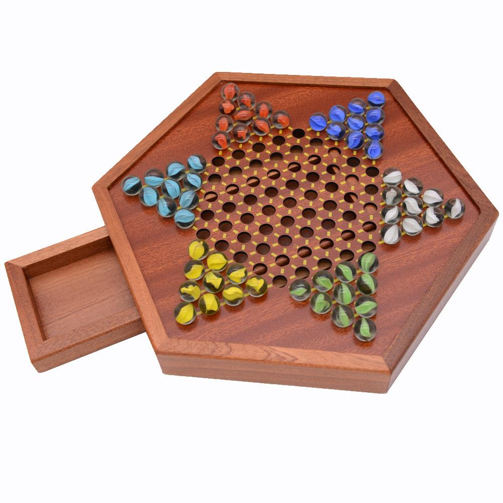 Wooden Chinese Checkers Set With Storage Drawer Children Adults Wooden Chess Board Game Glass Marble Christmas Gift