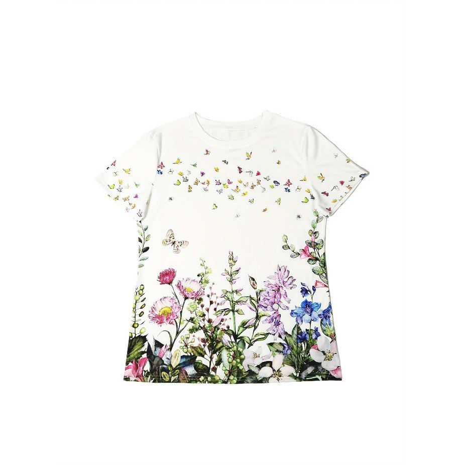 Women's Floral & Butterfly Print Casual T-Shirt - Short Sleeve Round Neck Breathable for All-Season Wear, Ladies T Shirts