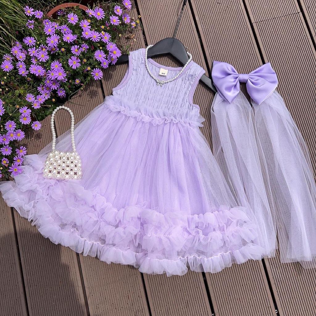 Girls' Sleeveless Korean-Style Tulle Dress with Bow