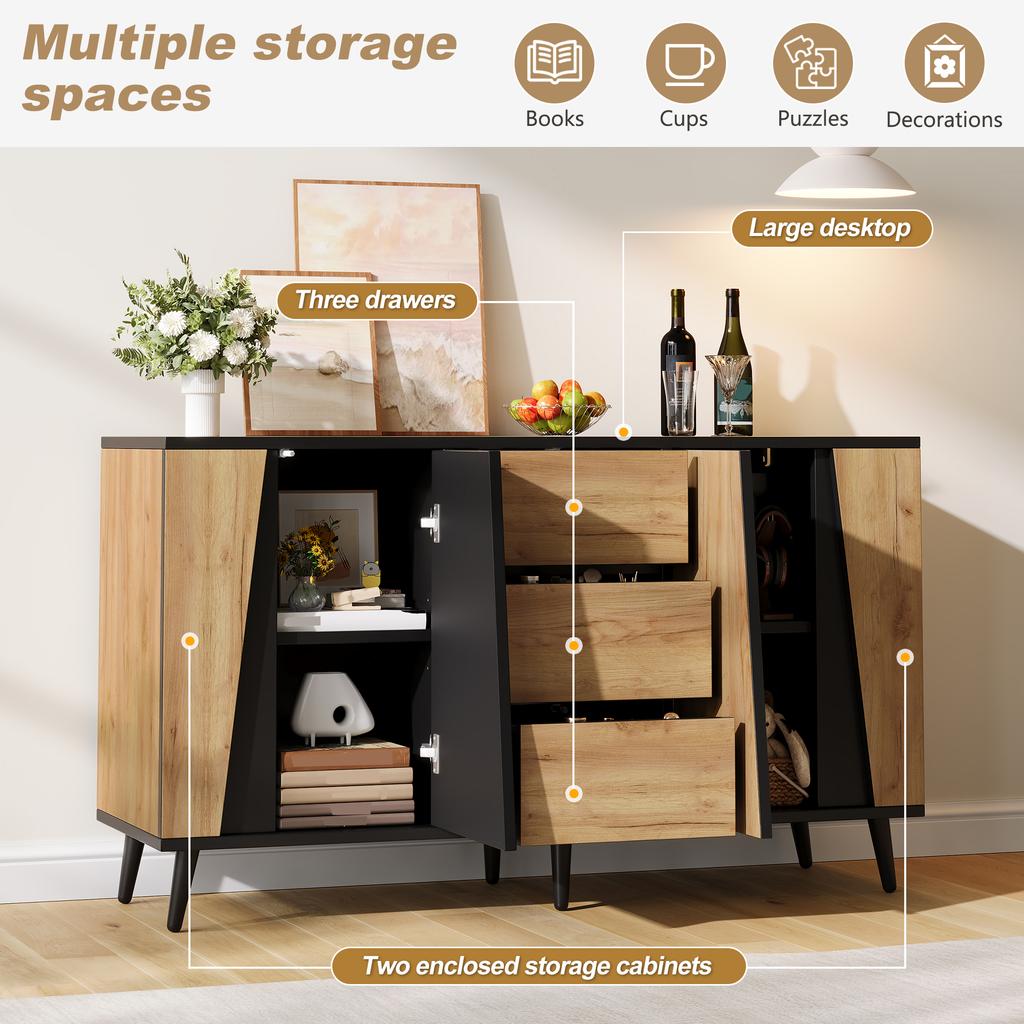 Storage Cabinet, Sideboard 2 Doors, Coffee Bar with 3 Drawers, Side Cabinet Living Room, Kitchen, Study, Natural Wood Color + Black, 120×40×70cm