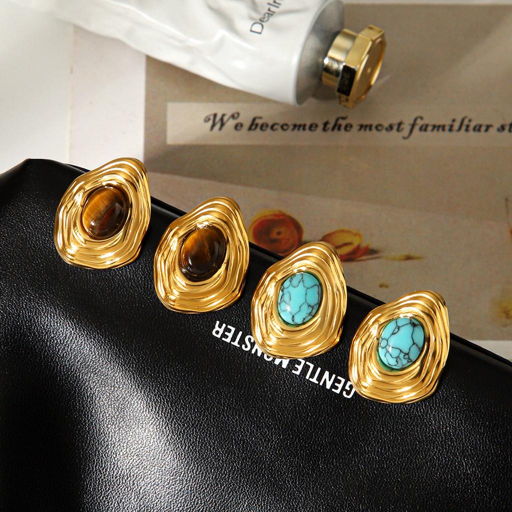Retro Stainless Steel Earrings for Women, Tiger Eye Ear Jewelry, Niche High-end Turquoise Titanium Steel Studs, Fade-resistant