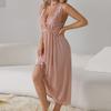 Women Sleeveless Deep V Nightgown Lace Mesh Loungewear Dress