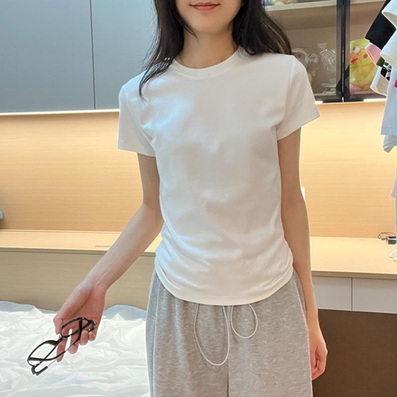 Cotton Shoulder Short Sleeve T-Shirt Women's Summer Casual Versatile Slim Top T-Shirt Black Skinny Basic Bottom Shirt