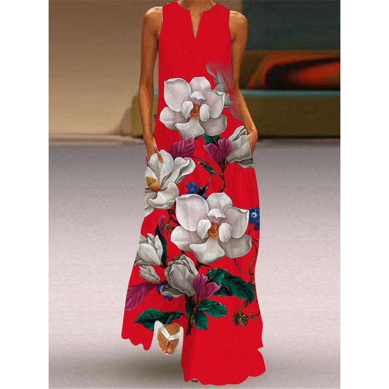 Red Tulip Flower Dress Travel Photo Stage Show Tall V-neck Dress Summer Thin Skirt