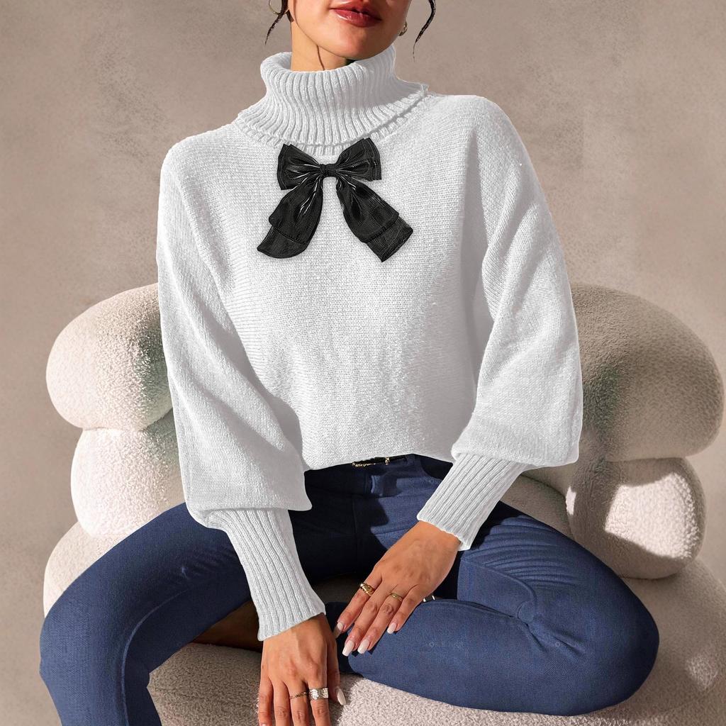 Women's Base Layer, Autumn and Winter Bat-sleeved Top, Lace Bow Patchwork High-neck Pullover Sweater