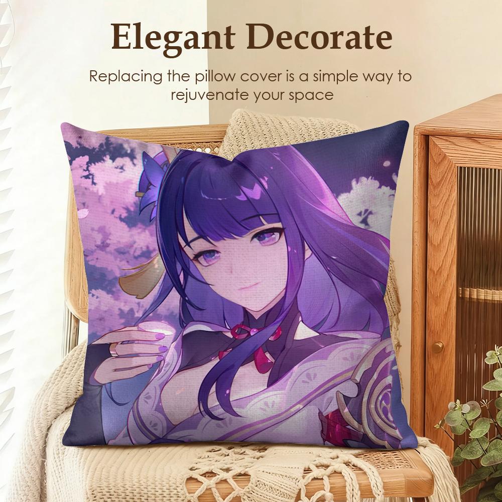 Raiden Shogun Genshin Impact Cushion Cover Natural Linen Organic Fabric DoubleSided Printing Sofa Home Decor Gift Pillow Case