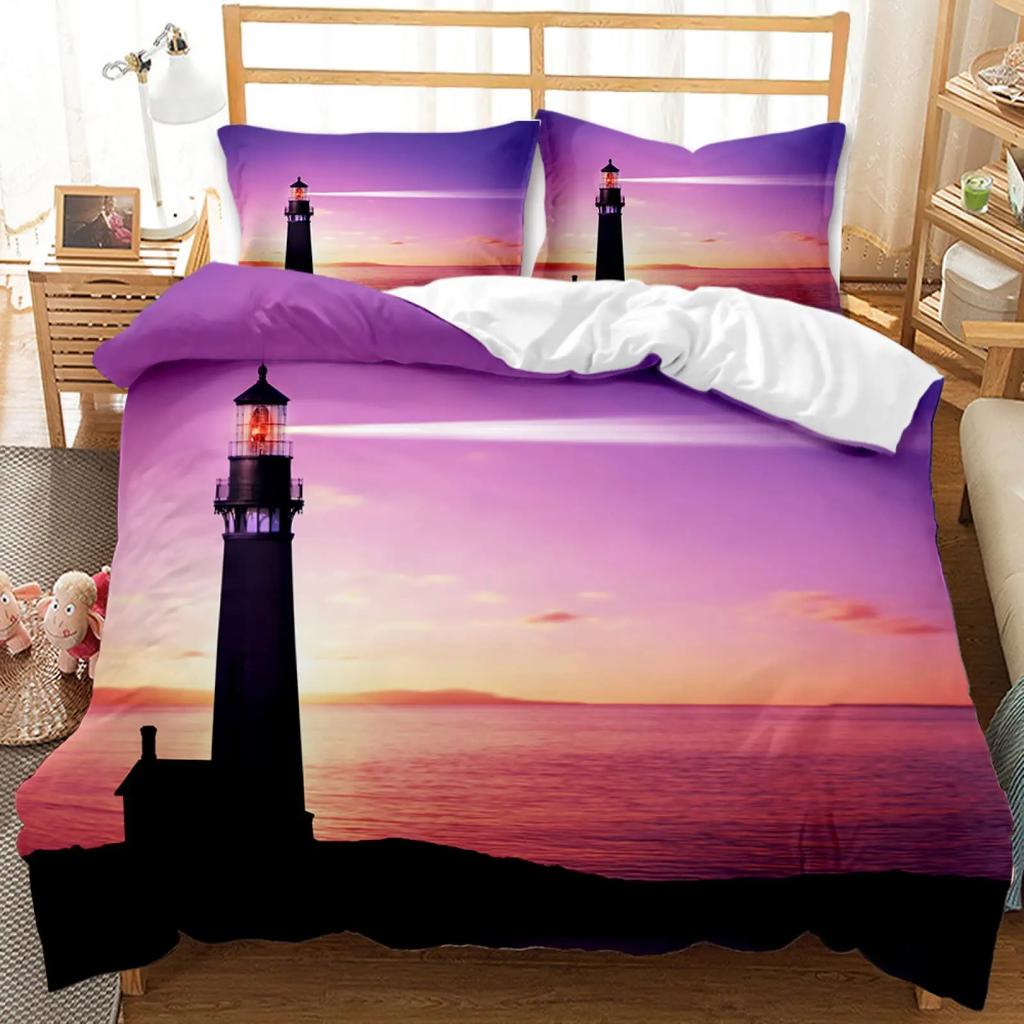 Lighthouse Brown Blue Duvet Cover Sunset Lighthouse Cape In Mahon At Balearic Islands Spain Coast Room Decorative for Women Men