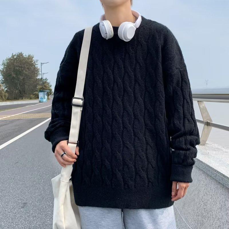 Pullover sweater men's spring and autumn loose Korean version of the trend solid color knitted sweater Hong Kong style round neck casual couple 