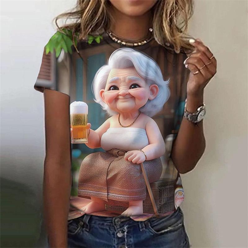 Summer Round Neck 3D Cartoon Grandma Image Pattern Printed Top Fashionable Casual Short Sleeved Women's T-shirts