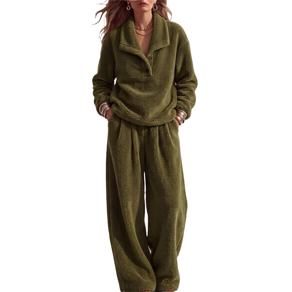 Women's Casual Set with Long Sleeve Top and Pants, Collar Two Piece Outfit for Fall Winter Home Wear